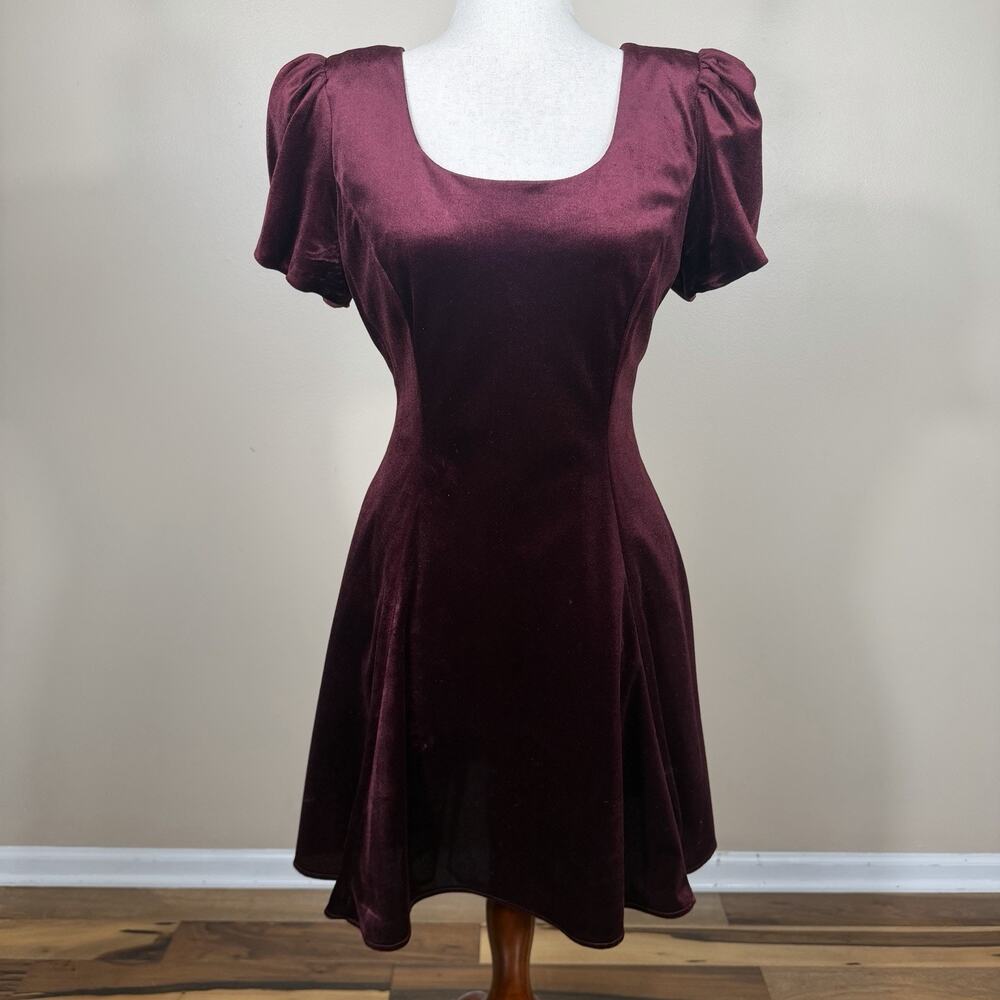 Vintage D.B.Y. Burgundy Velvet Fit And Flare Party Dress Puff Sleeve Rhinestone
